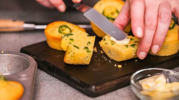 Step by step. Freshly baked slicy jalapeno cornbread muffins.