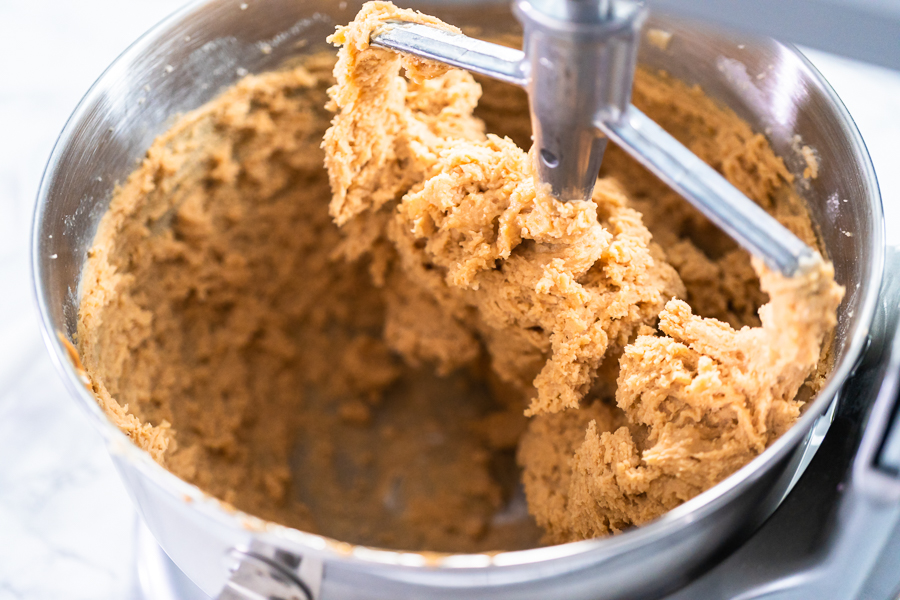 Overhead of peanut butter cookie dough mixed and ready for scooping