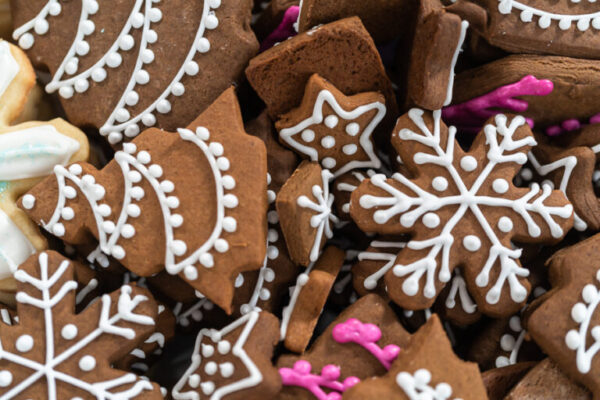 Gingerbread and sugar Christmas cookies with royal icing.