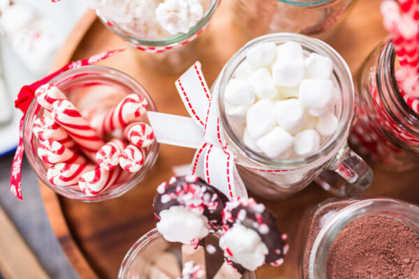 Hot chocolate station with variety of topppings.
