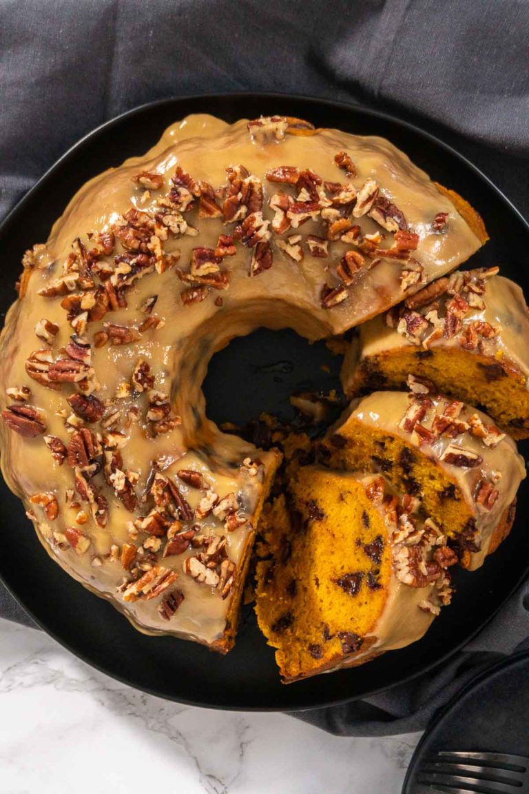Chocolate pumpkin bundt cake with toffee glaze