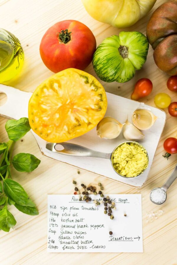 Ingredients to make roasted tomato soup with organic heirloom tomatoes.
