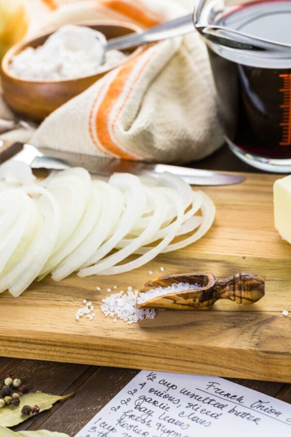Ingredients for making French onion soup.