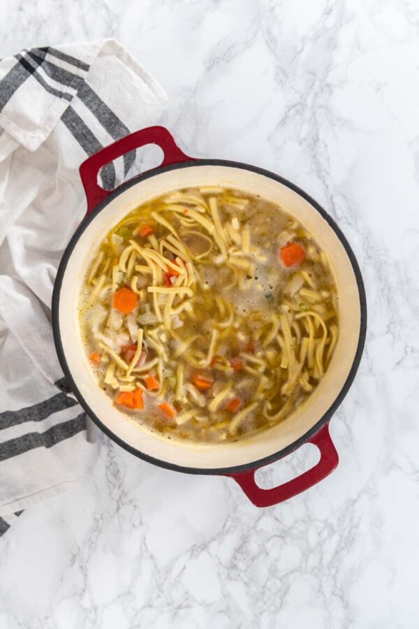 Flat lay. Cooking chicken noodle soup with kluski noodles in an enameled dutch oven.