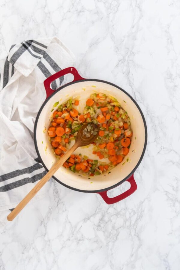 Flat lay. Cooking chicken noodle soup with kluski noodles in an enameled dutch oven.