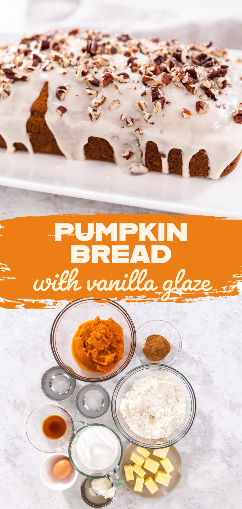 Pumpkin bread with vanilla glaze and pecans