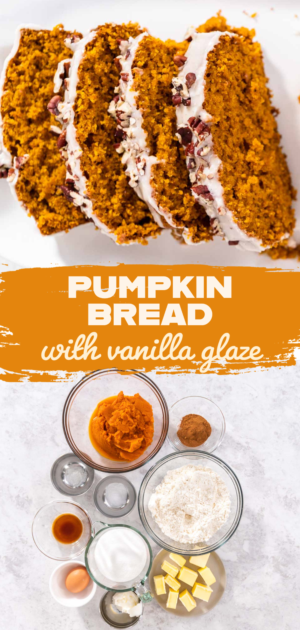 Pumpkin bread with vanilla glaze and pecans