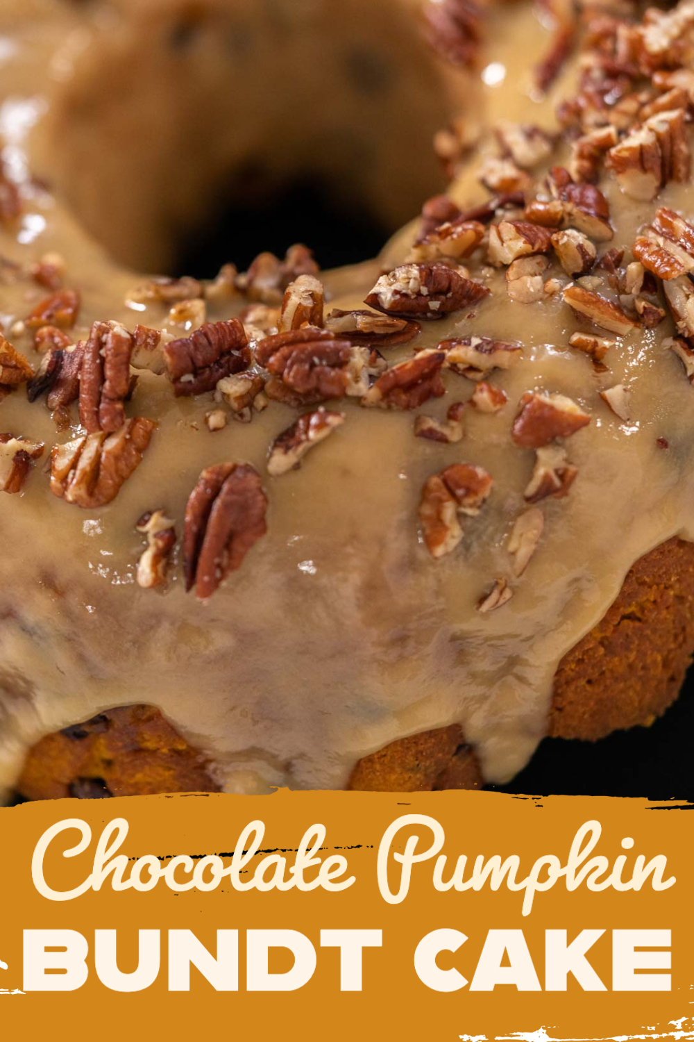 Chocolate pumpkin bundt cake with toffee glaze