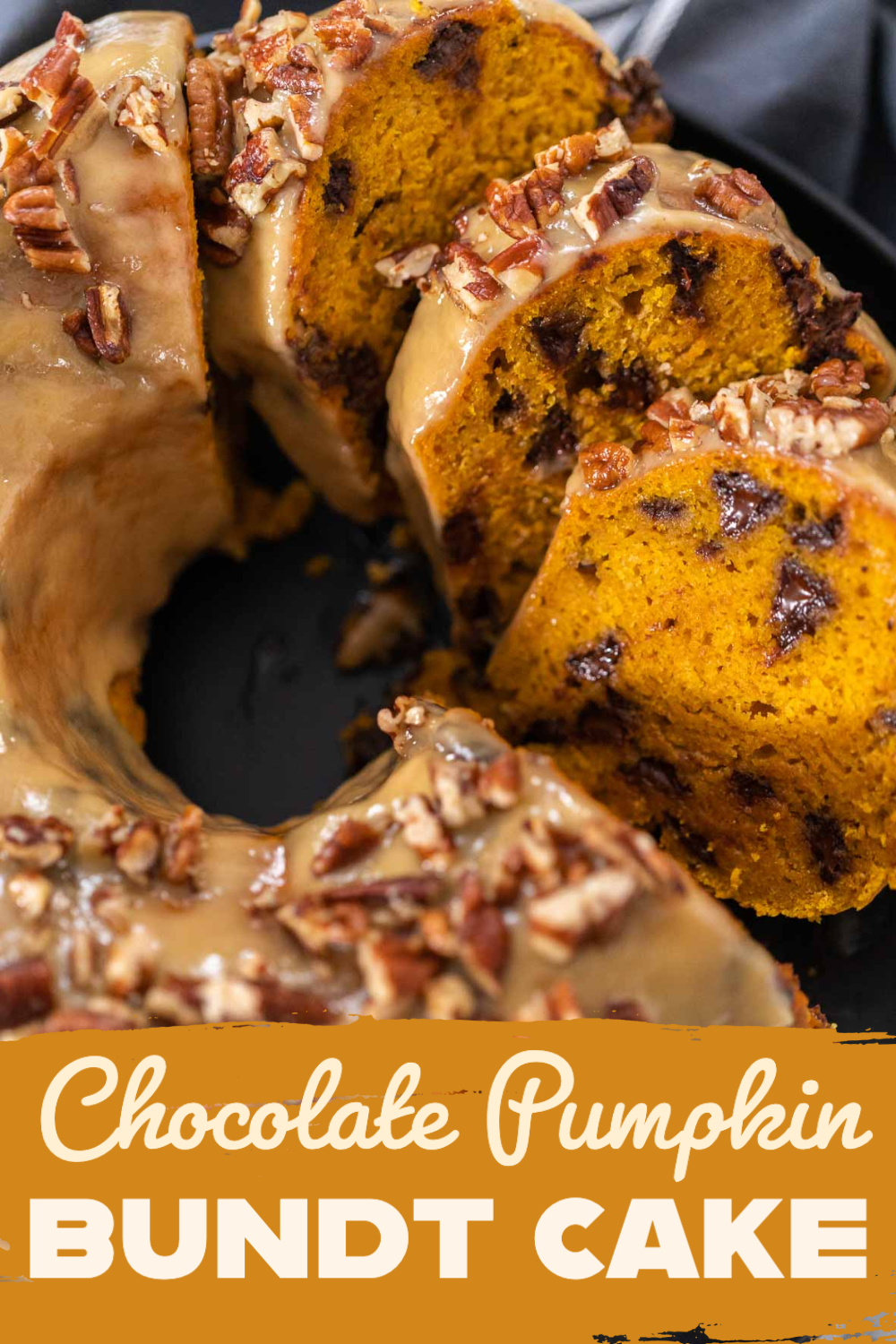 Chocolate pumpkin bundt cake with toffee glaze