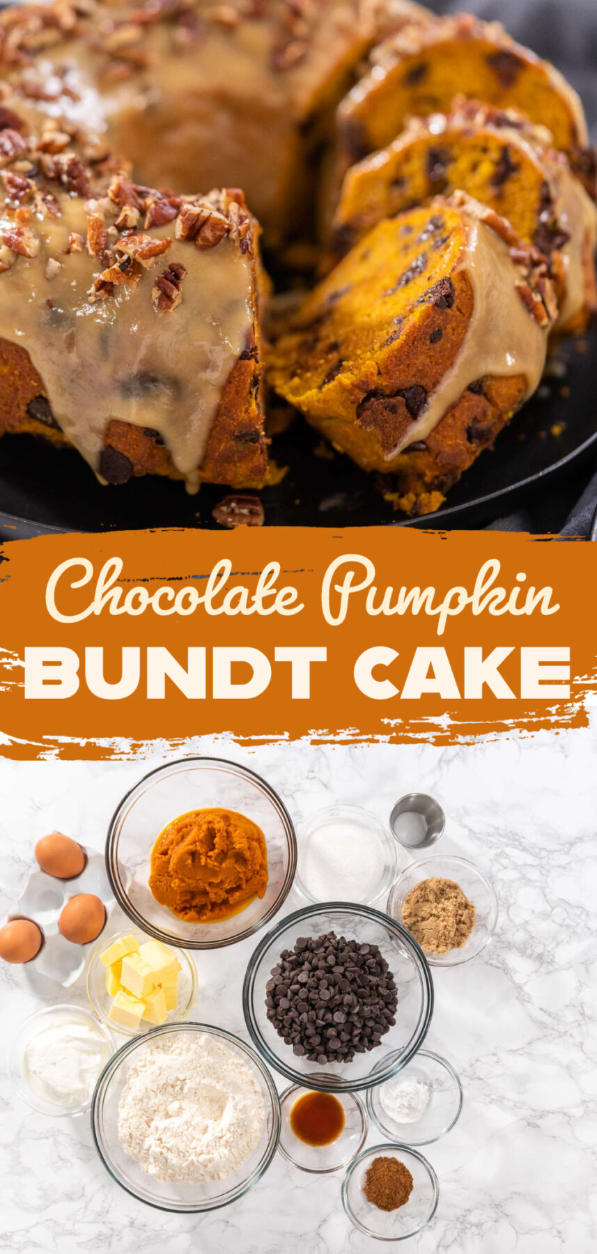 Chocolate pumpkin bundt cake with toffee glaze