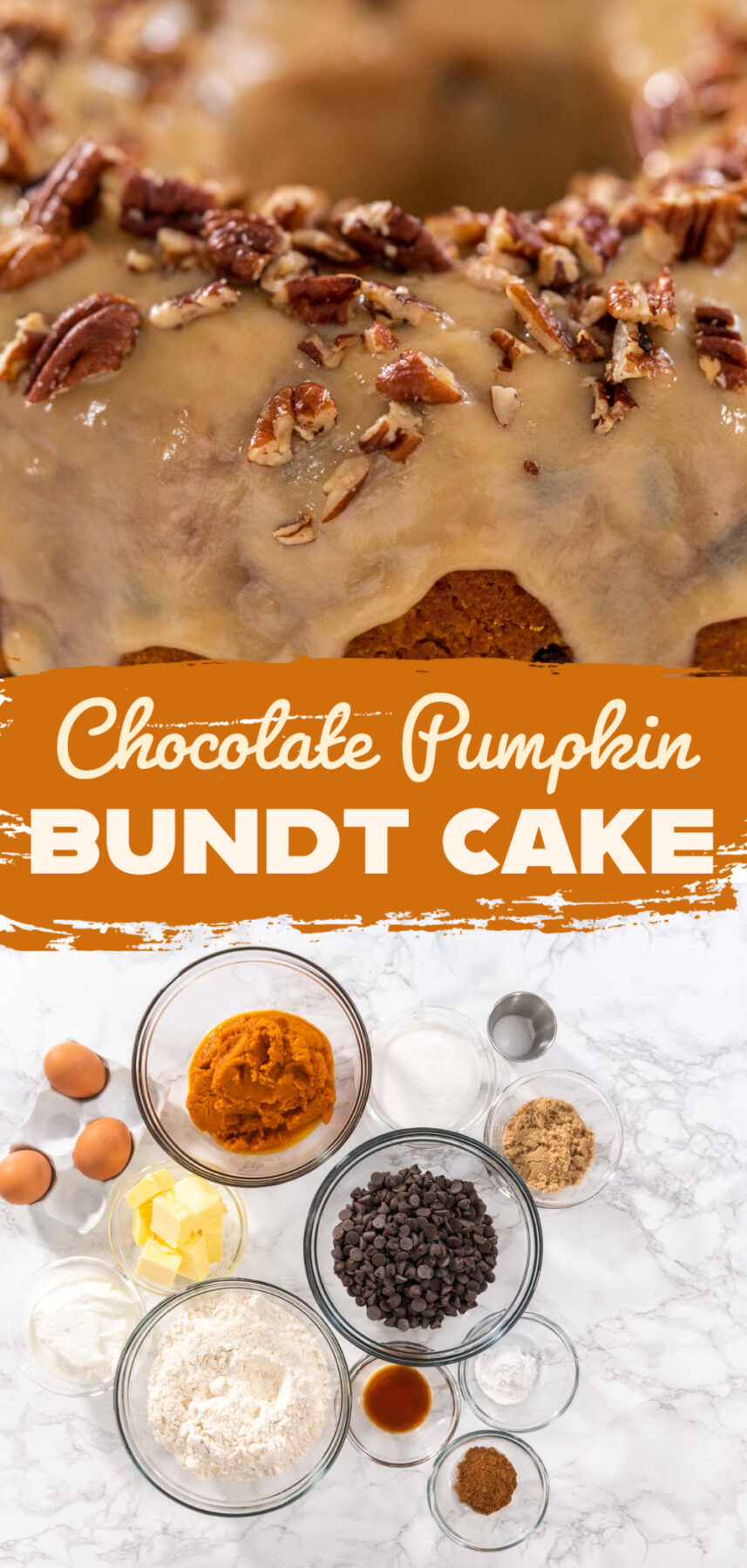 Chocolate pumpkin bundt cake with toffee glaze