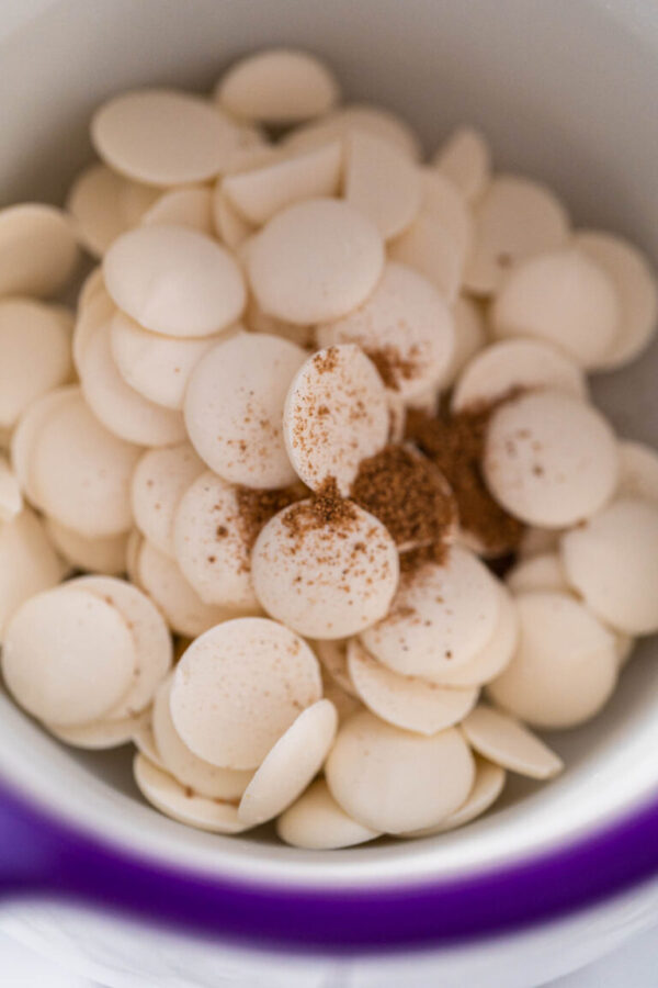 Melting white chocolate chips in a candy melting pot to make a chocolate gingerbread man.