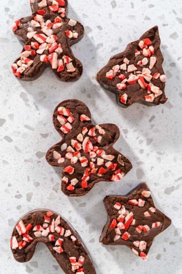 Freshly made Christmas cookie-cutter peppermint fudge on the kitchen counter.