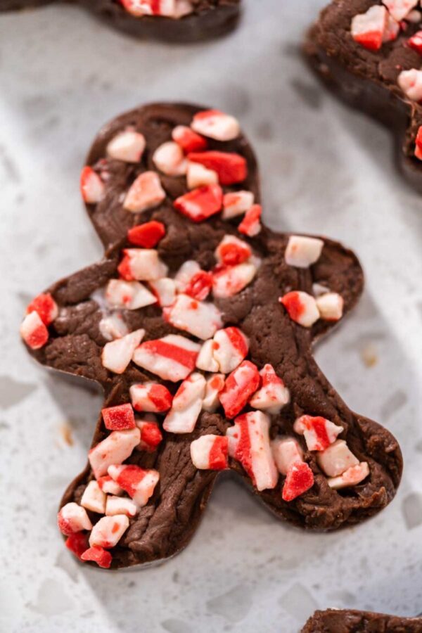 Freshly made Christmas cookie-cutter peppermint fudge on the kitchen counter.
