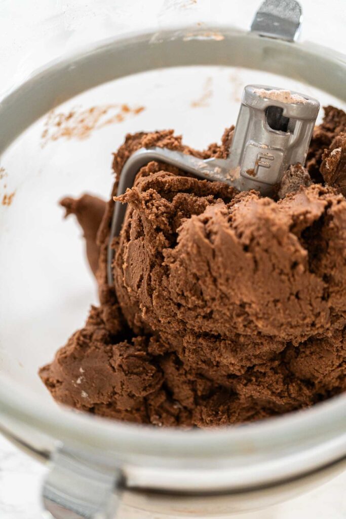 Chocolate Ginger Sugar Cookie Dough for Baking - Arina Photography Thick, chocolatey dough formed in the stand mixer for Chocolate Ginger Sugar Cookie Dough, capturing the final texture before shap