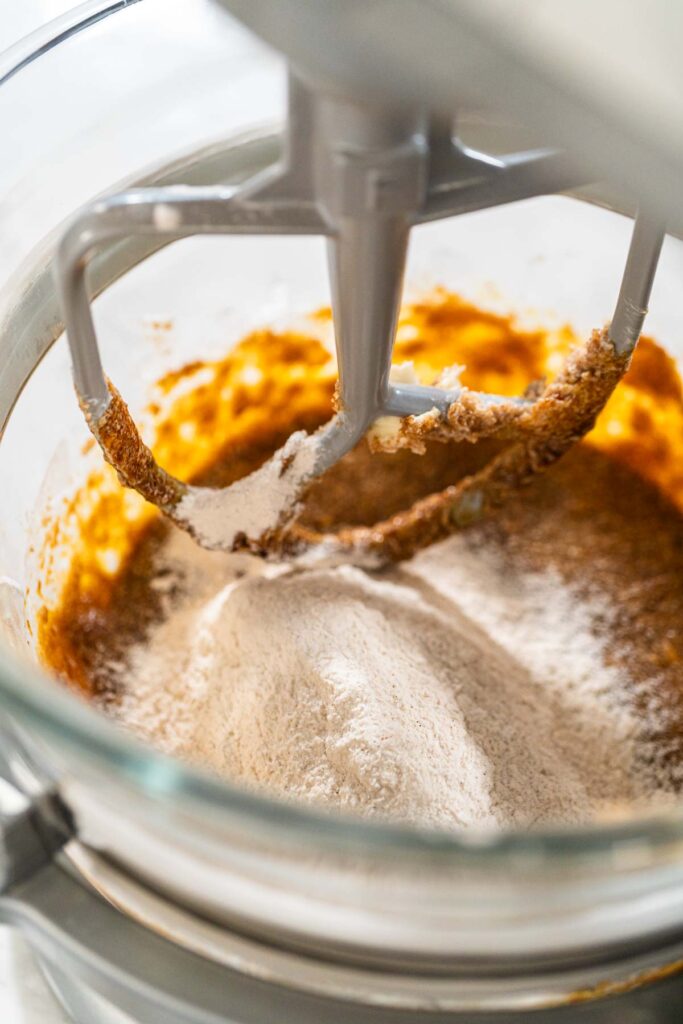 Dry ingredients gradually added to the wet mixture in the stand mixer for Zesty Orange Gingerbread Cookie Dough. Flour and spices are incorporated for a balanced, spiced dough texture.