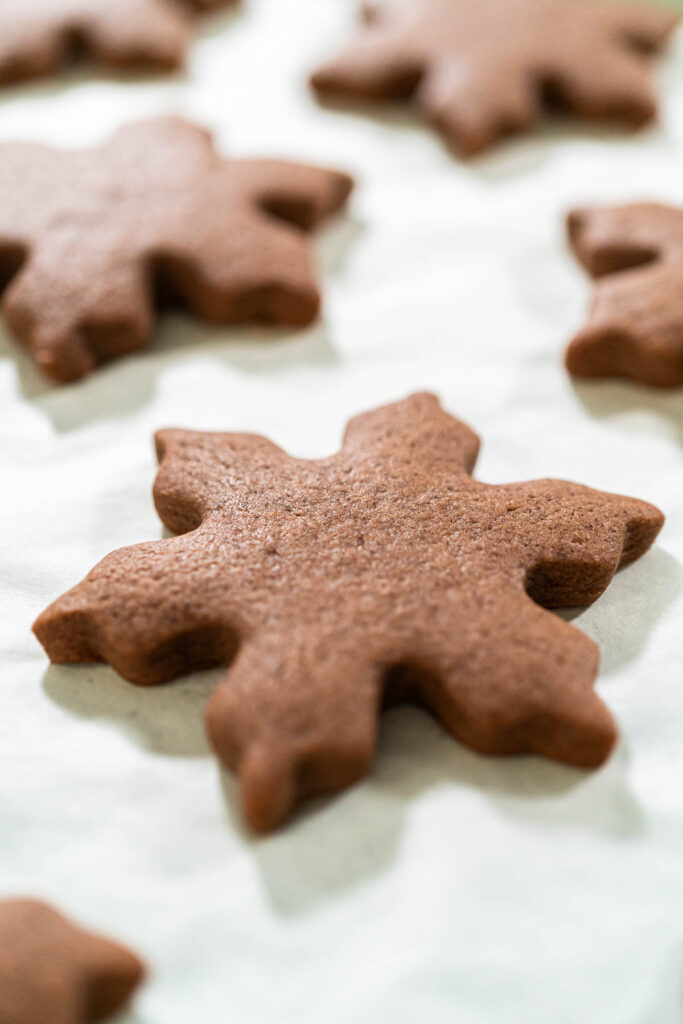 Chocolate Ginger Sugar Cookies in Snowflake Shapes A Festive Tre - Arina Photography Close-up side view of a single baked Chocolate Ginger Sugar Cookie in the shape of a snowflake, resting on parchment paper.