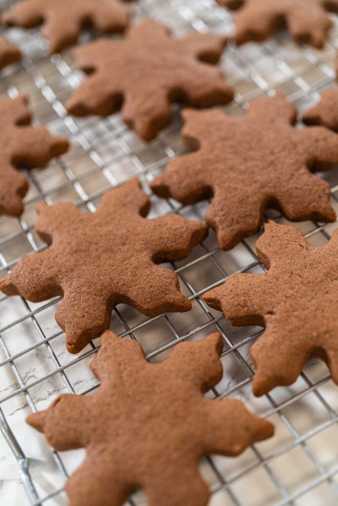 Chocolate Ginger Sugar Cookies in Snowflake Shapes A Festive Tre - Arina Photography Close-up view of freshly baked Chocolate Ginger Sugar Cookies shaped like snowflakes, cooling on a wire rack. The rich chocolate color and intricate edges stand out beautifully.