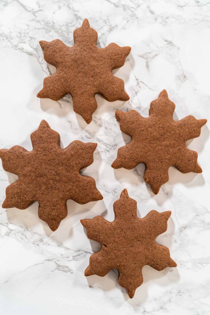 Chocolate Ginger Sugar Cookies in Snowflake Shapes A Festive Tre - Arina Photography Grouped arrangement of three Chocolate Ginger Sugar Cookies in snowflake shapes on a marble surface, showcasing their uniform design and festive appeal.