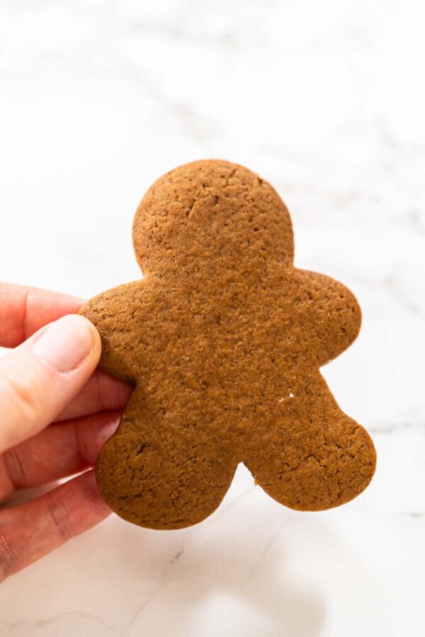 Close-up view of a hand holding a Spiced Gingerbread Cookie, highlighting its festive holiday design and even baking.
