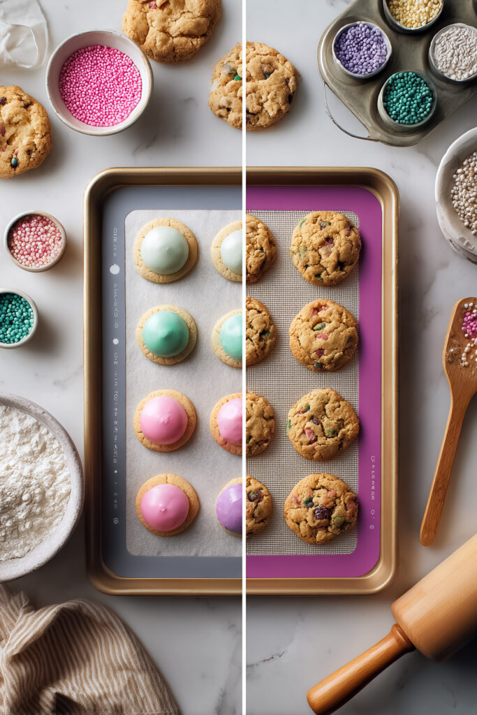 Split tray with baked lemon bars or cookies on parchment vs silicone.
