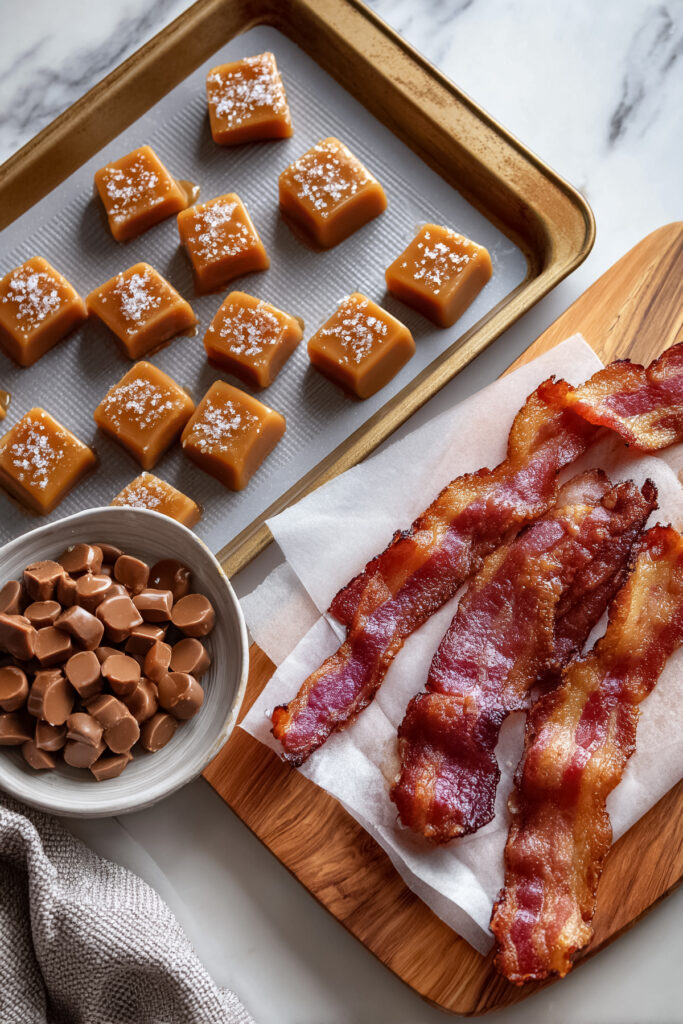 Colorful cookies and bacon sharing a divided tray of silicone mat vs parchment paper.