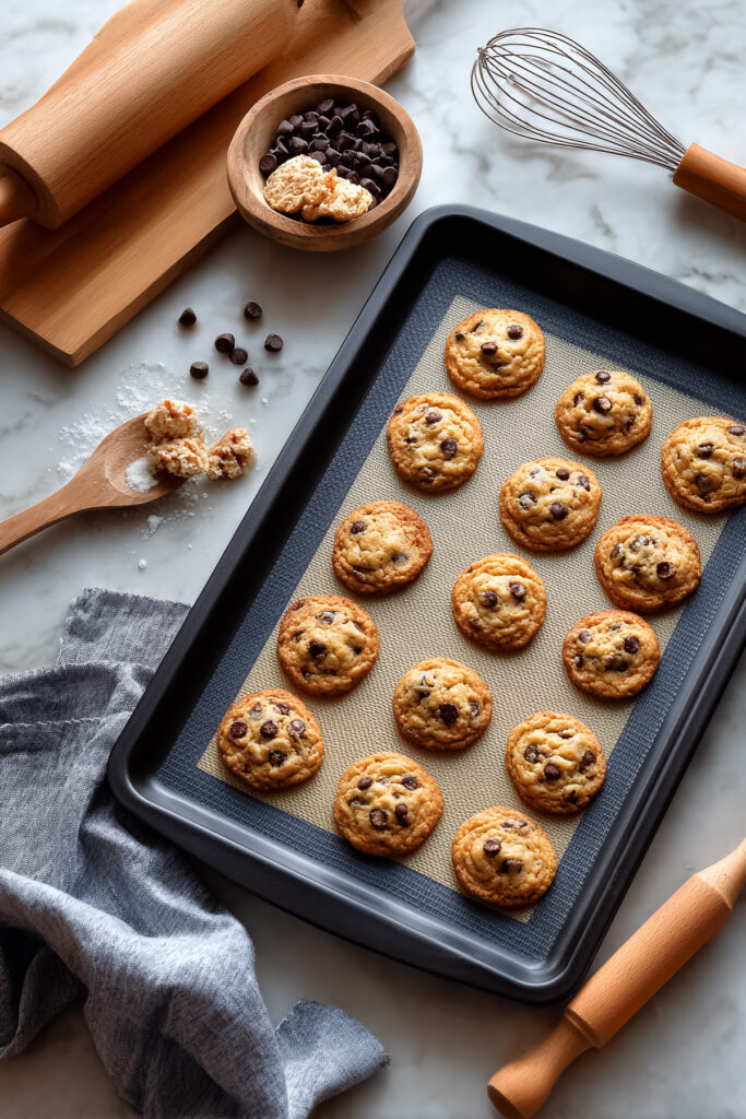 Cookies arranged on a baking tray lined with a silicone mat.