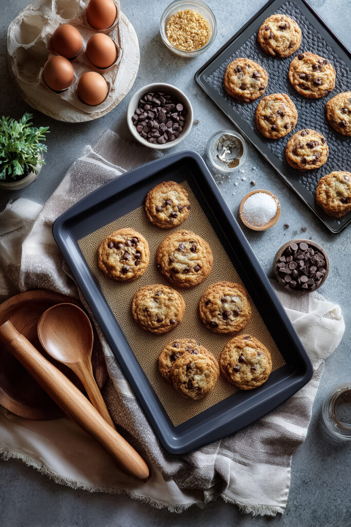 Freshly baked chocolate chip cookies on a baking tray with parchment underneath.