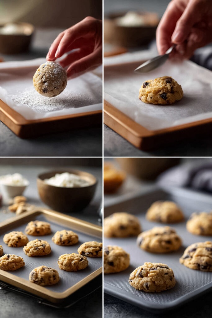Cookie dough being scooped onto parchment paper-lined tray in a four-panel process.