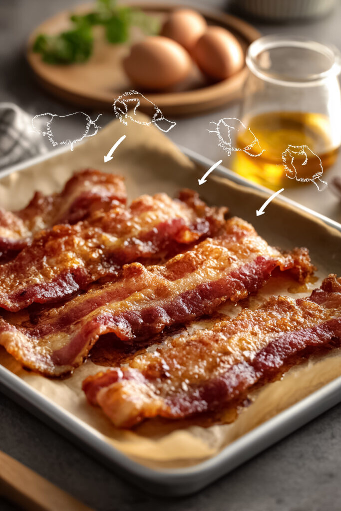 Cooked bacon strips laid out on parchment paper with oil droplets visible.