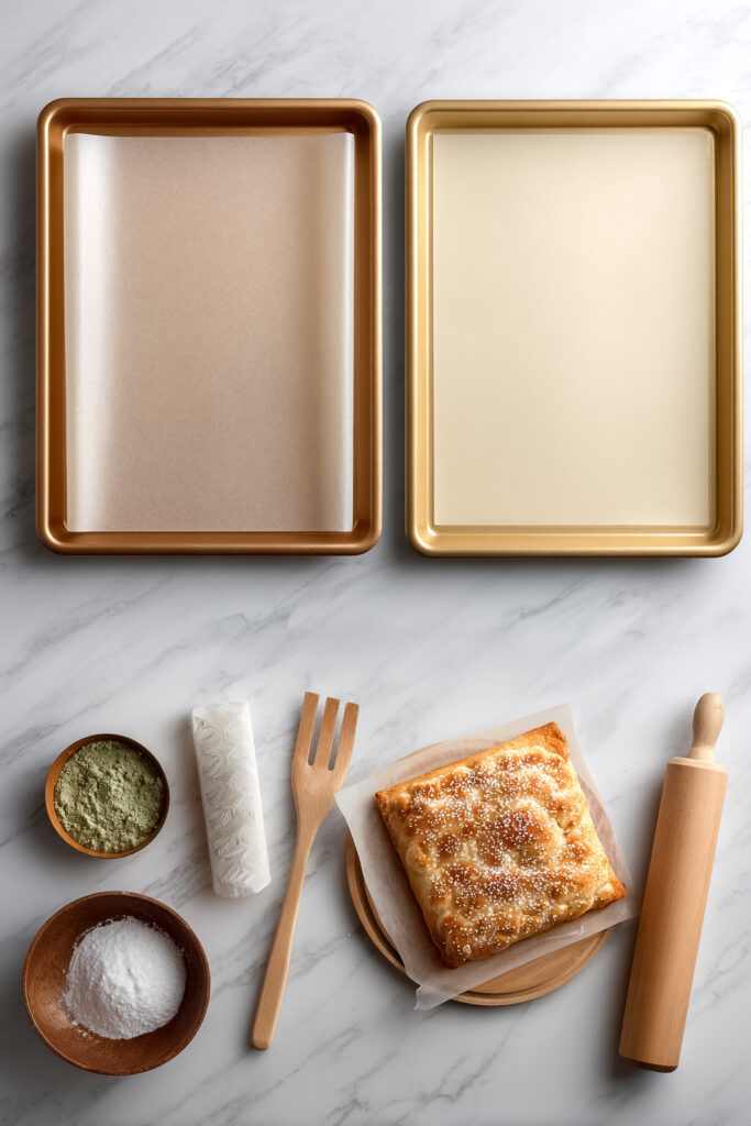 Two baking trays side by side, one lined with parchment paper and the other empty.