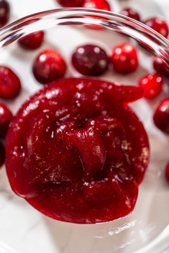 Close-up of rich, glossy cranberry puree surrounded by fresh whole cranberries, highlighting its smooth texture and vibrant red color.