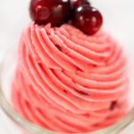 Swirled cranberry buttercream piped into a tall peak and topped with fresh cranberries for garnish.