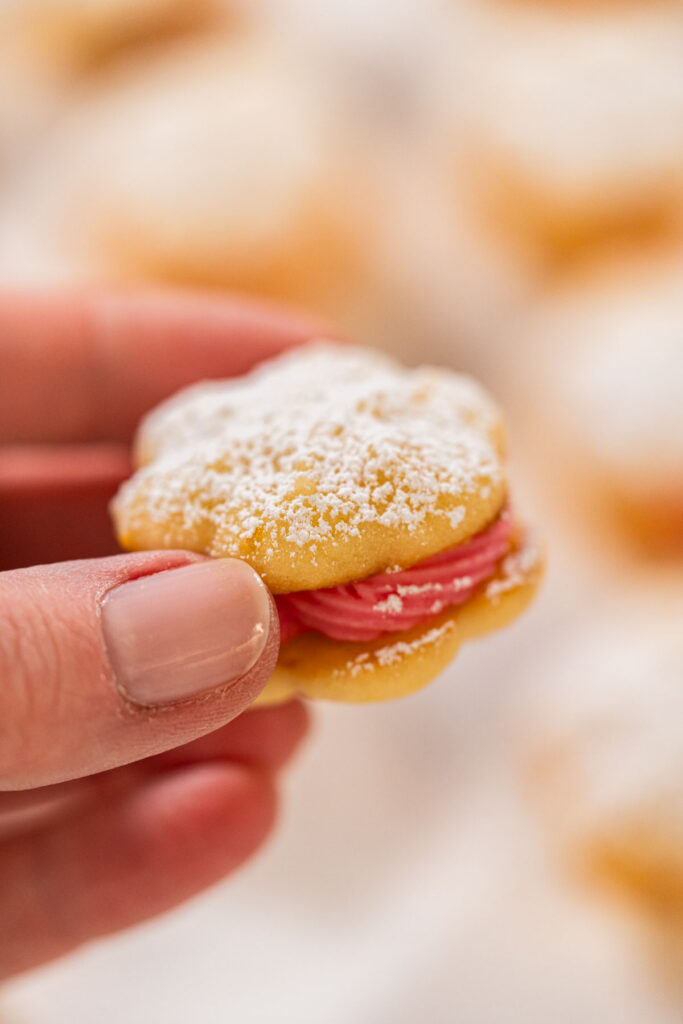 Lemon spritz sandwich cookies dusted with powdered sugar and stacked in a festive cookie tin.