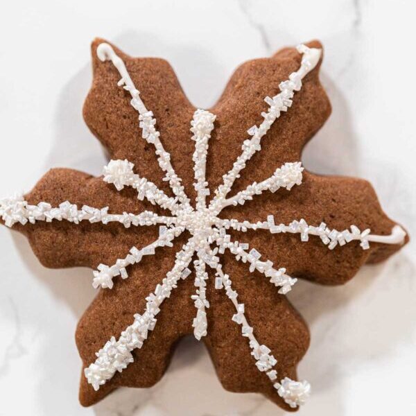 Decorating Snowflake Chocolate Ginger Sugar Cookies with Royal I - Arina Photography Close-up of a chocolate snowflake cookie decorated with white royal icing and sparkling sugar crystals, ideal for winter-themed holiday treats and Christmas dessert tables.