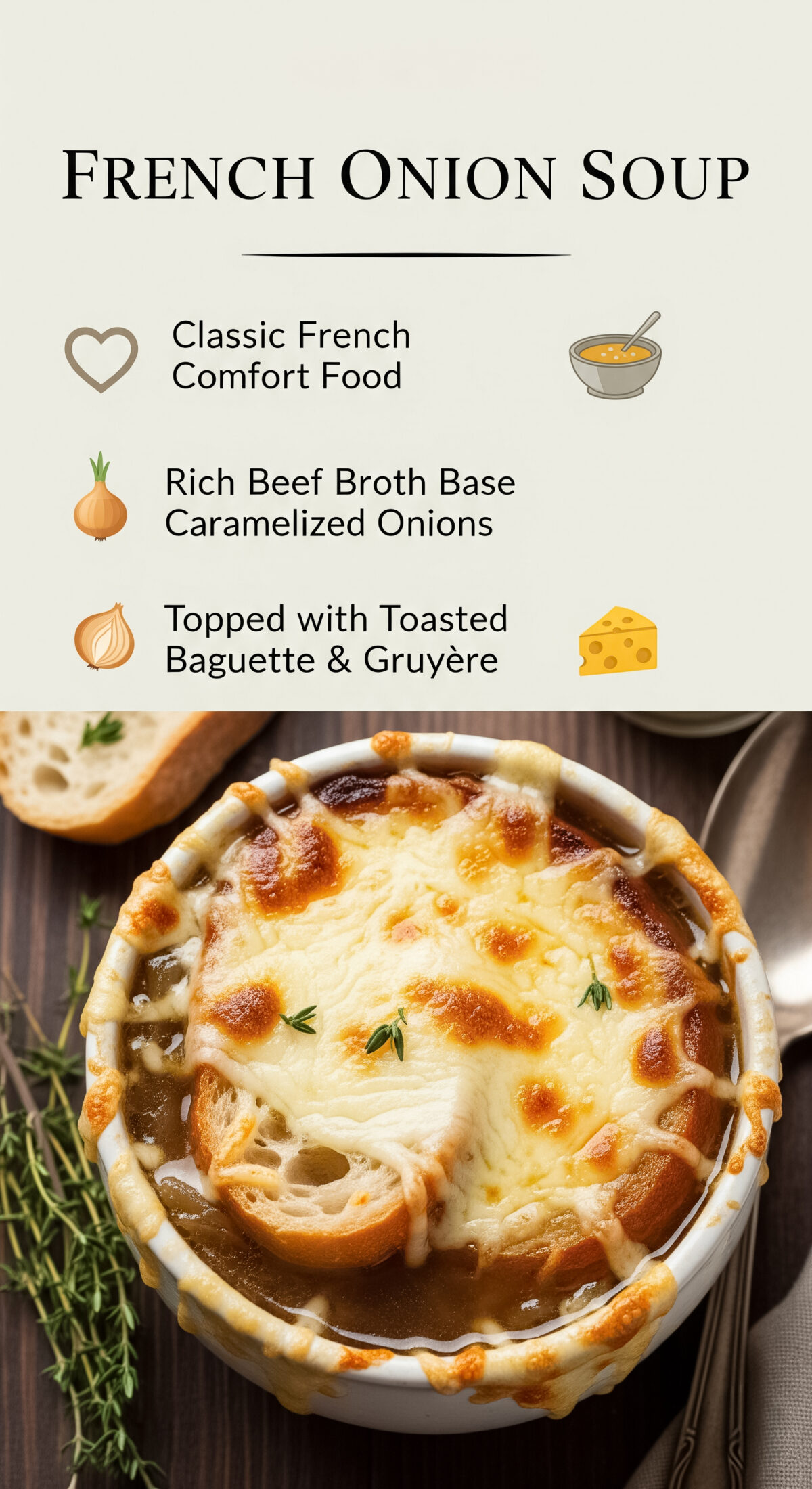 Classic French Onion Soup with Caramelized Onions and Gruyère