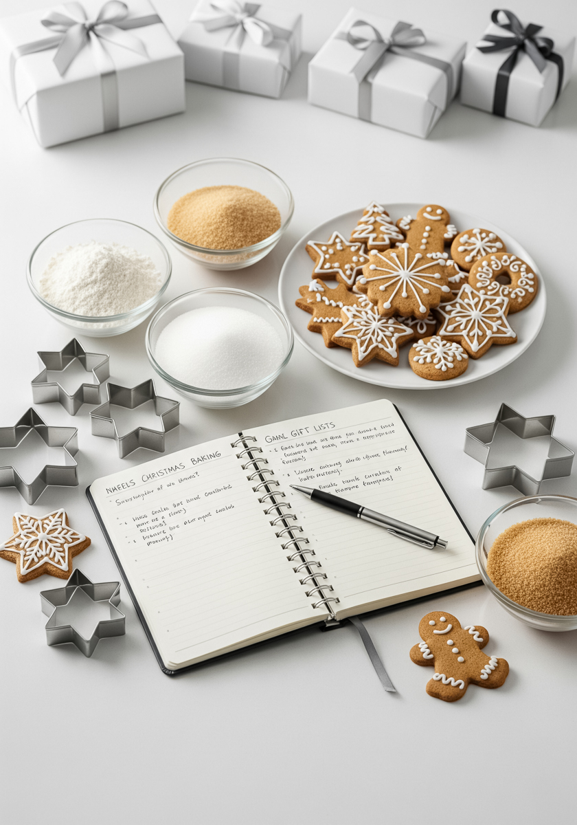 Flat lay of Christmas baking setup with gingerbread cookies, cookie cutters, bowls of flour and sugar, and an open holiday baking planning notebook.