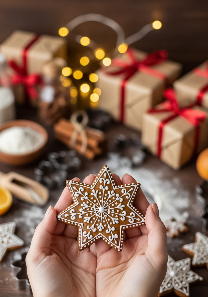 Hands holding a decorated star-shaped gingerbread cookie with intricate white royal icing design, with Christmas gifts, flour, cinnamon sticks, and festive lights blurred in the background.