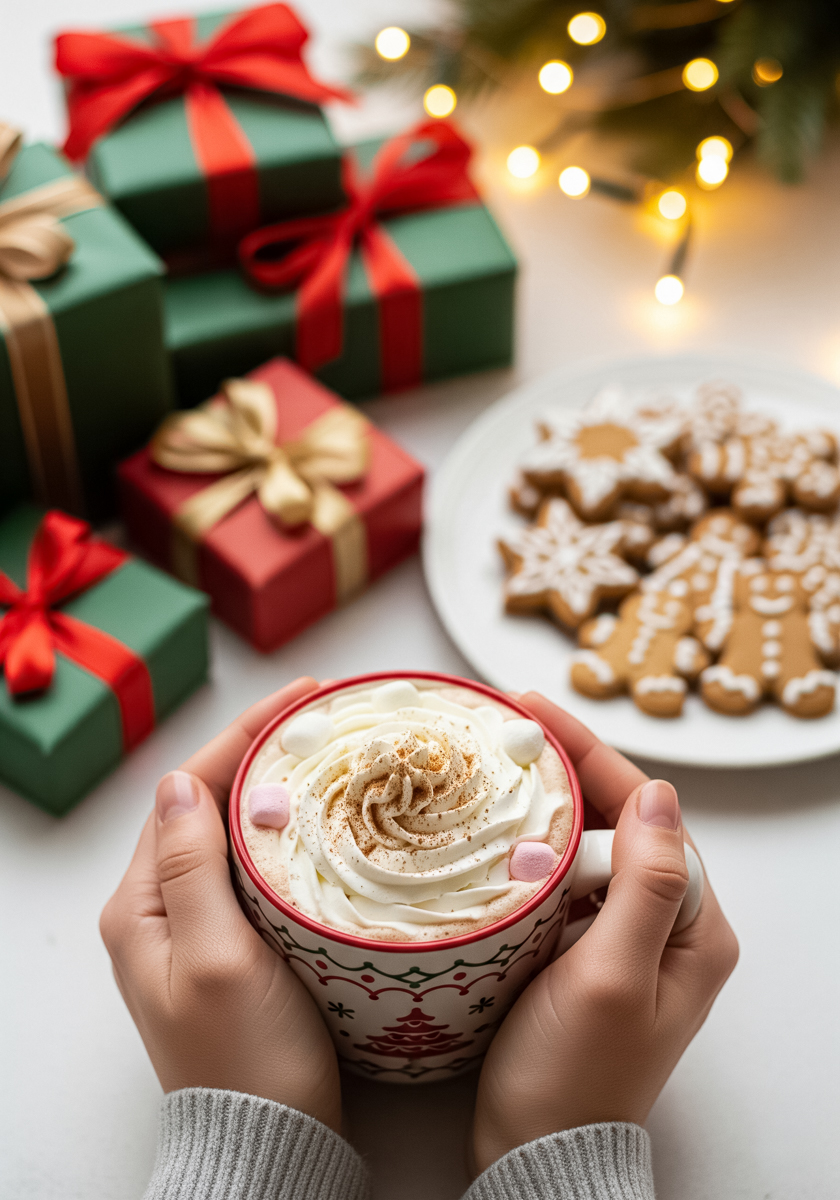 Hands holding a festive Christmas mug filled with hot cocoa topped with whipped cream, marshmallows, and cinnamon, with decorated gingerbread cookies and wrapped presents in the background.