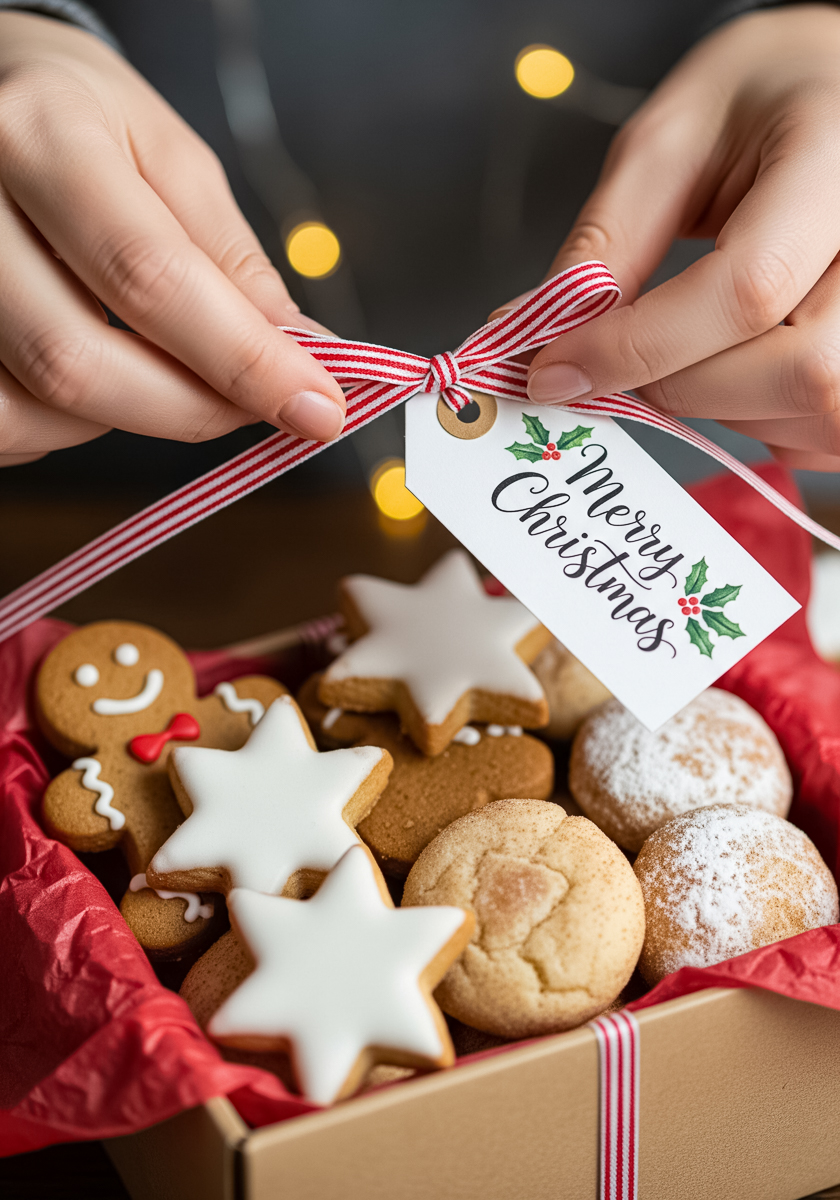 Hands tying a red and white striped ribbon on a Christmas cookie gift box, with a tag reading “Merry Christmas,” filled with iced star cookies, gingerbread men, and powdered sugar cookies.