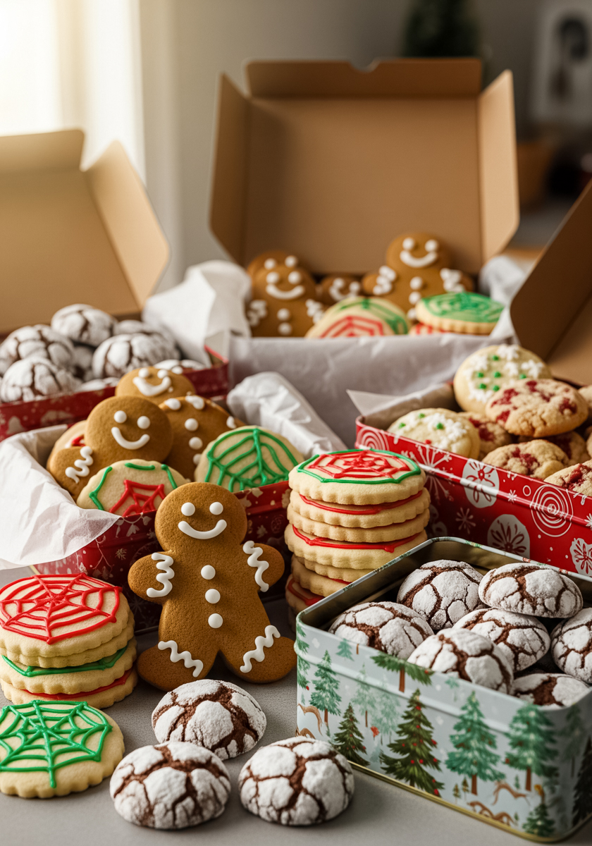 Assorted Christmas cookie gift boxes filled with decorated gingerbread men, sugar cookies with red and green icing, chocolate crinkle cookies, and festive tins lined with tissue paper, ready for holiday gifting.