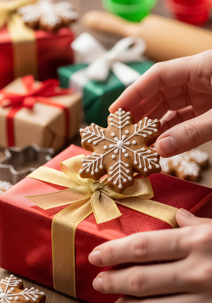 Hand placing a decorated snowflake gingerbread cookie on top of a red Christmas gift wrapped with a gold ribbon, surrounded by other festive cookies and presents.