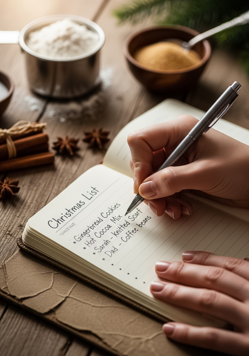 Christmas baking gift planning list written in a notebook with gingerbread cookies, hot cocoa mix, and coffee beans, showing holiday preparation ideas.