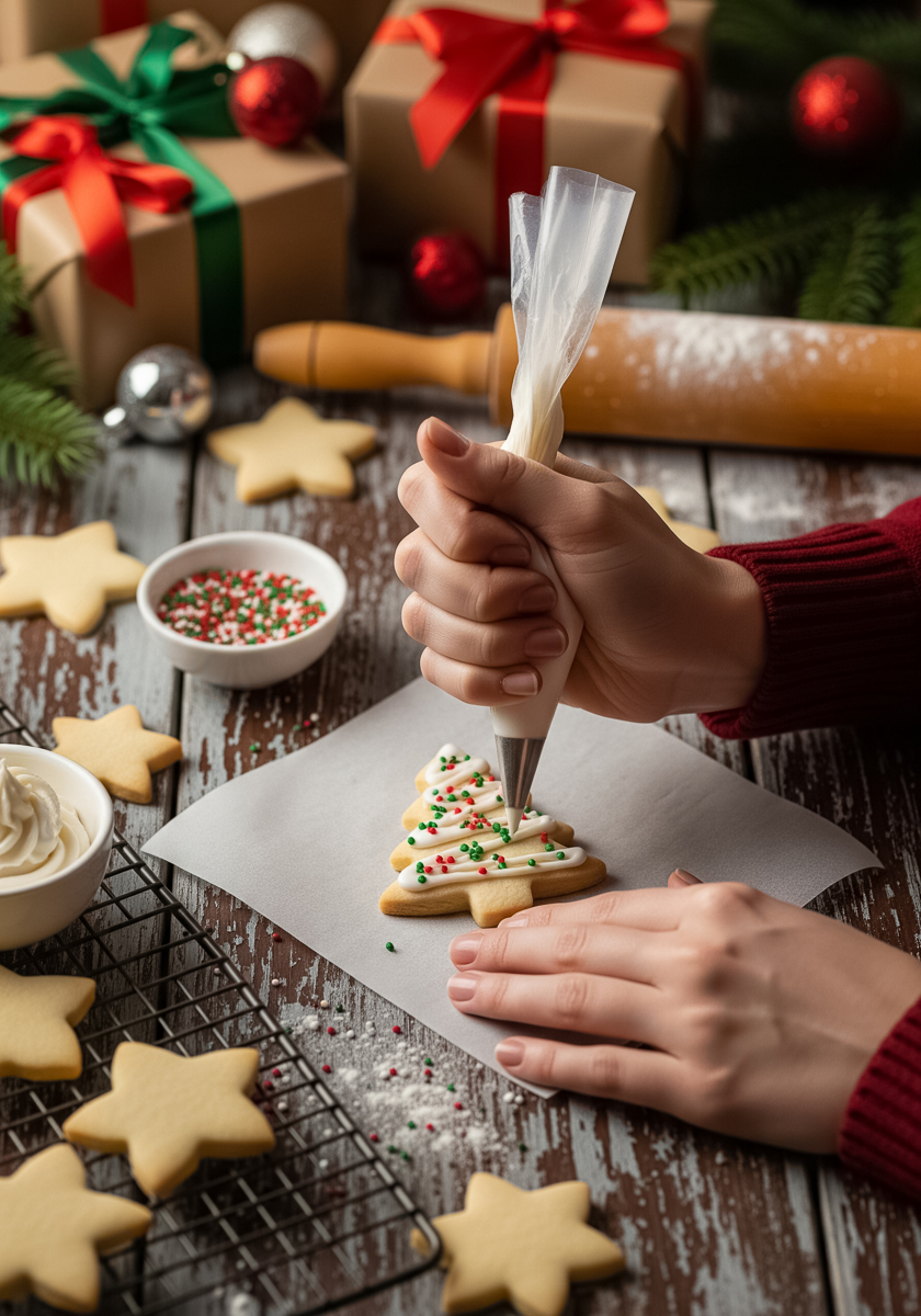 Hand decorating a Christmas tree-shaped sugar cookie with white royal icing and colorful sprinkles, surrounded by star cookies, sprinkles, and baking tools on a rustic wooden table.