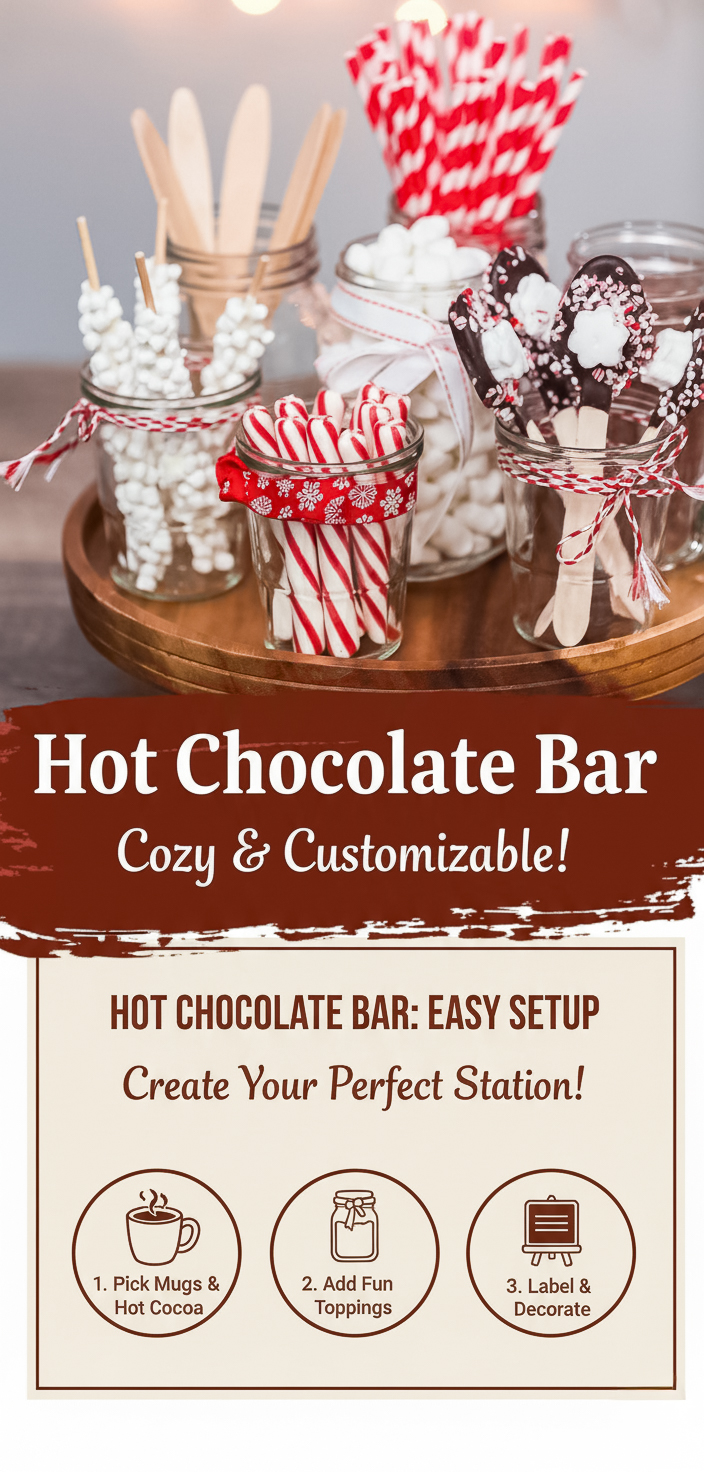 Setting up a hot chocolate bar is one of my favorite holiday traditions! I love creating a cozy drink station with mugs, cocoa mix, toppings like marshmallows and peppermint, and sweet treats to go with it. Whether it’s for a Christmas party or just a cozy winter night, this DIY hot cocoa bar is always a hit with both kids and adults! #hotchocolatebar #holidayentertaining #cocoastation #winterdrinks #christmasideas