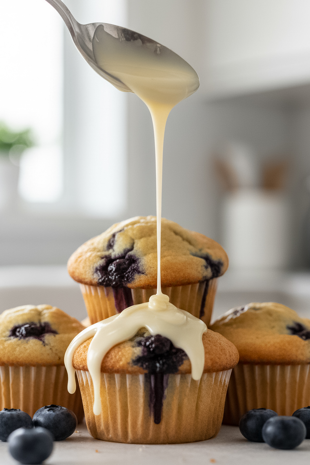 Drizzling glossy white ganache over blueberry muffins showing sheen and crumb detail.