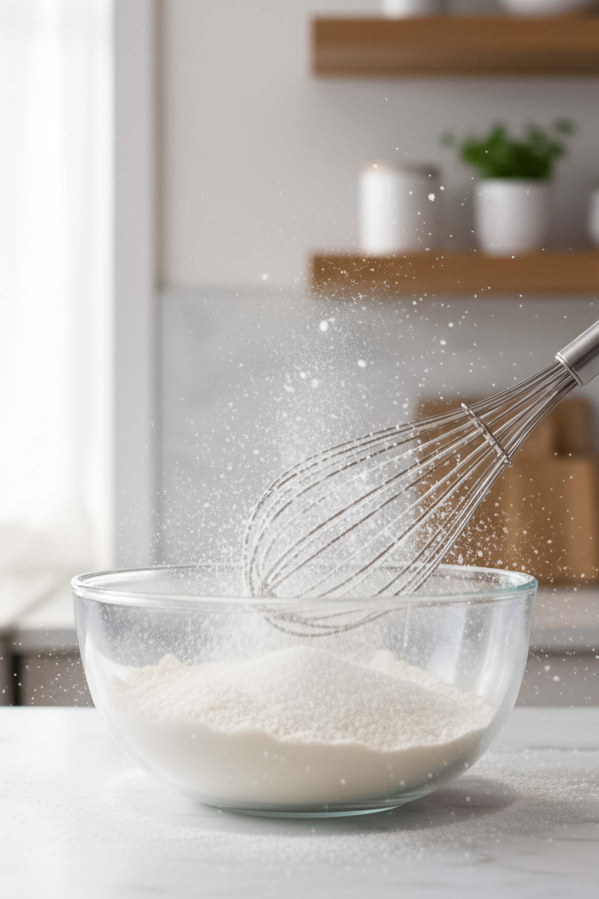 Whisking dry muffin ingredients with visible flour and sugar texture in a glass bowl.