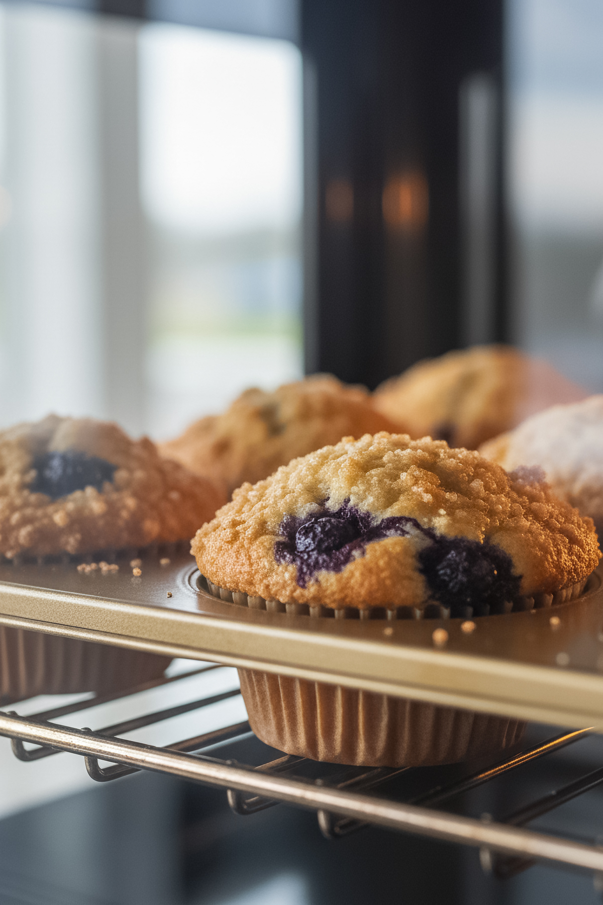 Blueberry muffins baking in oven with caramelized sugar tops and golden crumbs.