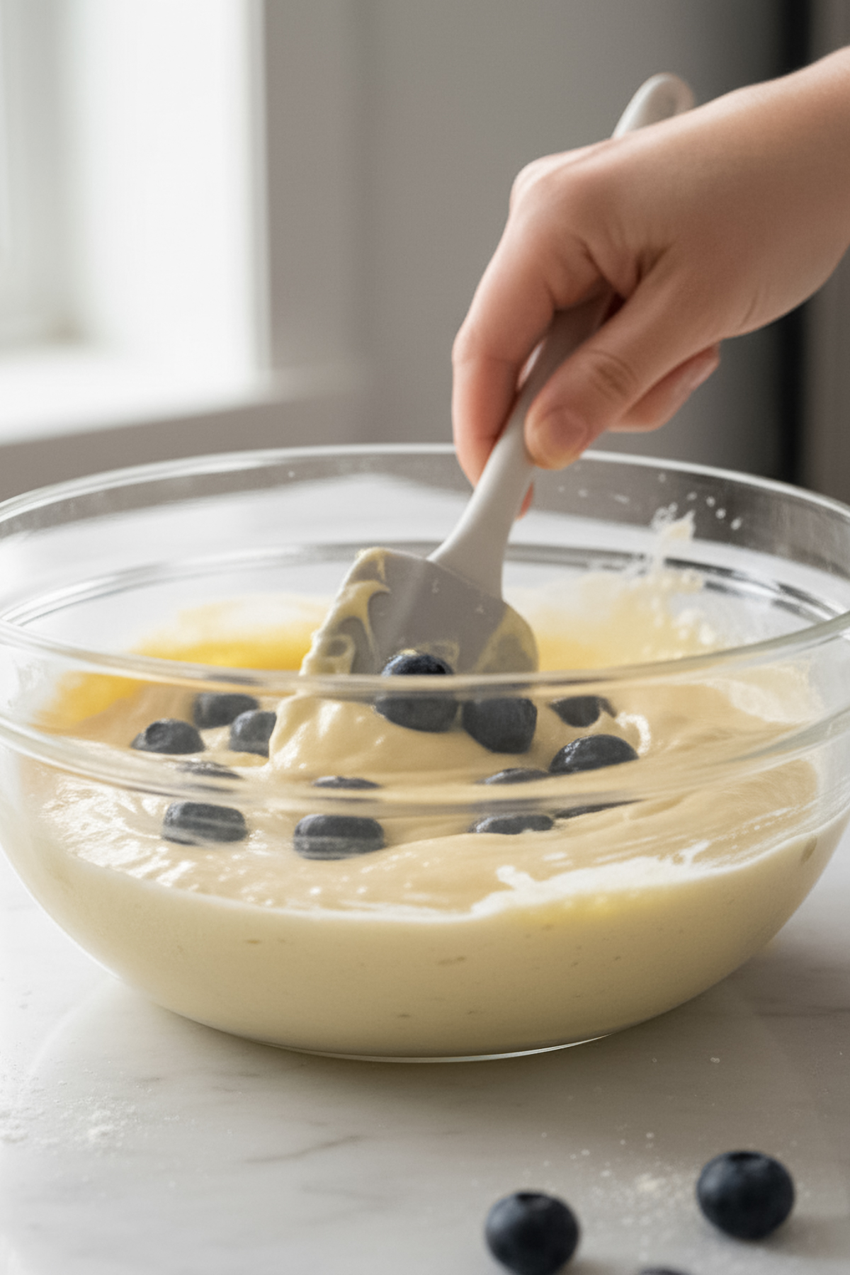 Folding blueberries into thick muffin batter showing texture and color contrast.