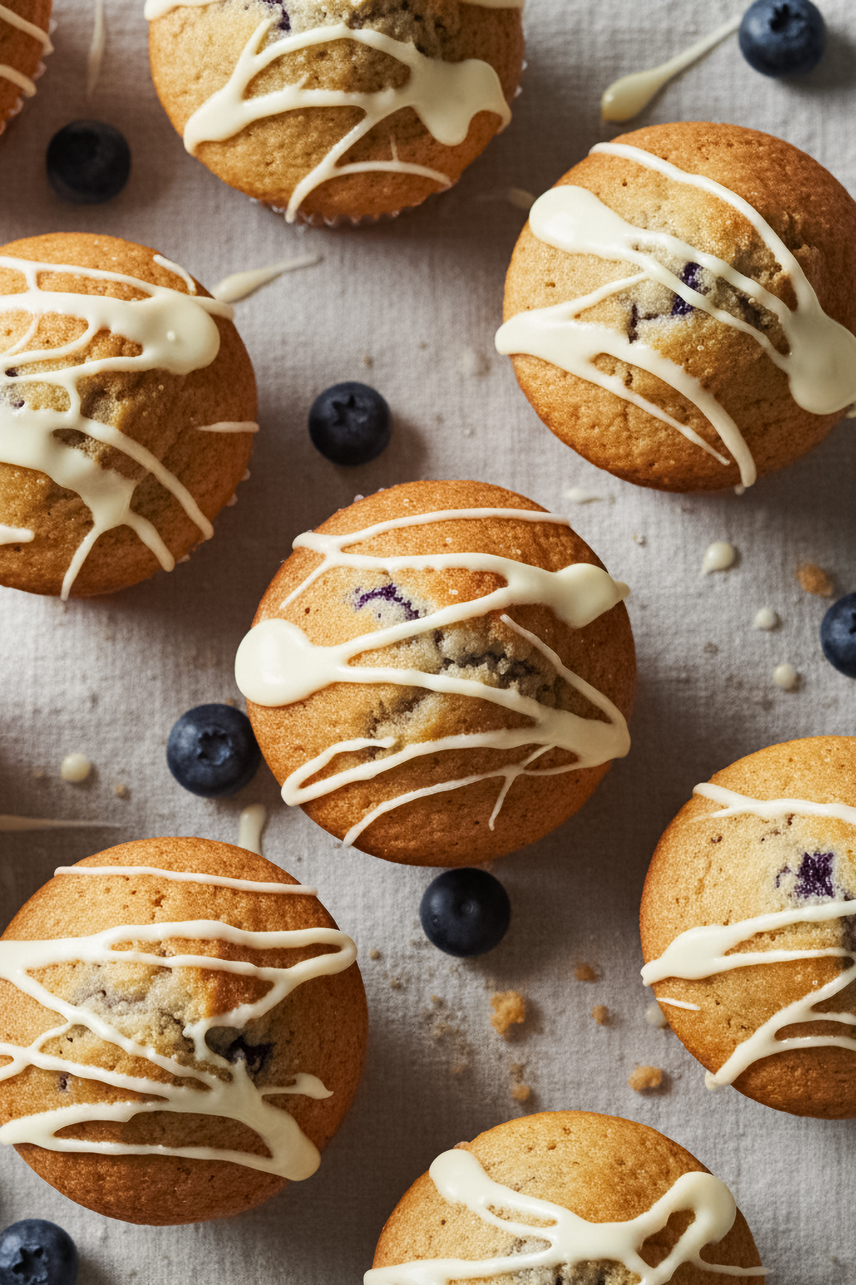 Drizzling glossy white ganache over blueberry muffins showing sheen and crumb detail.